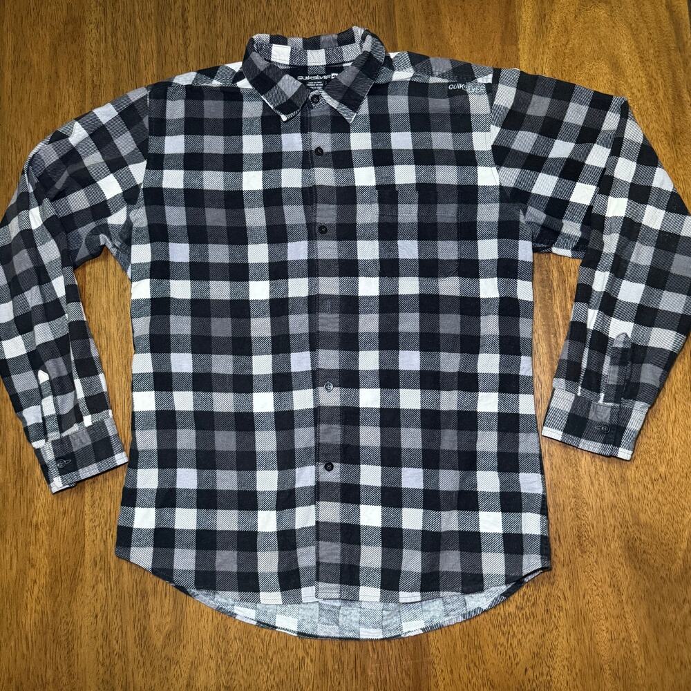 Quiksilver Mens M Black Gray Buffalo Plaid Flannel Shirt Long Sleeve Skater